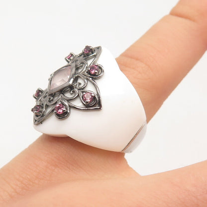 925 Sterling Silver Real White Onyx Rose Quartz Amethyst Gemstone Ring Size 5.25