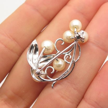 950 Silver Vintage Real Akoya Pearl Leaf & Berries Pin Brooch