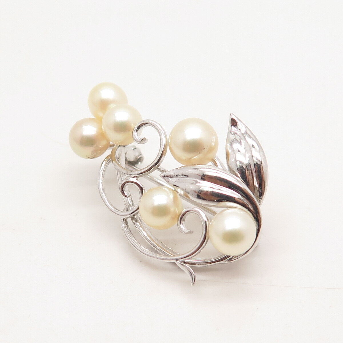 950 Silver Vintage Real Akoya Pearl Leaf & Berries Pin Brooch