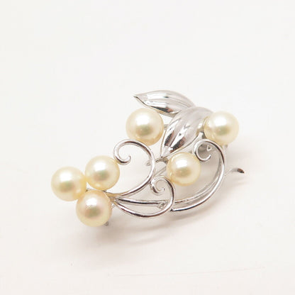 950 Silver Vintage Real Akoya Pearl Leaf & Berries Pin Brooch