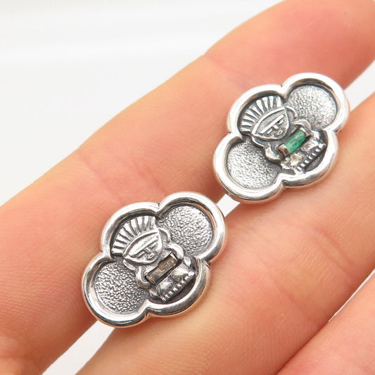 900 Silver Vintage Real Emerald Gem Tribal God Cufflinks