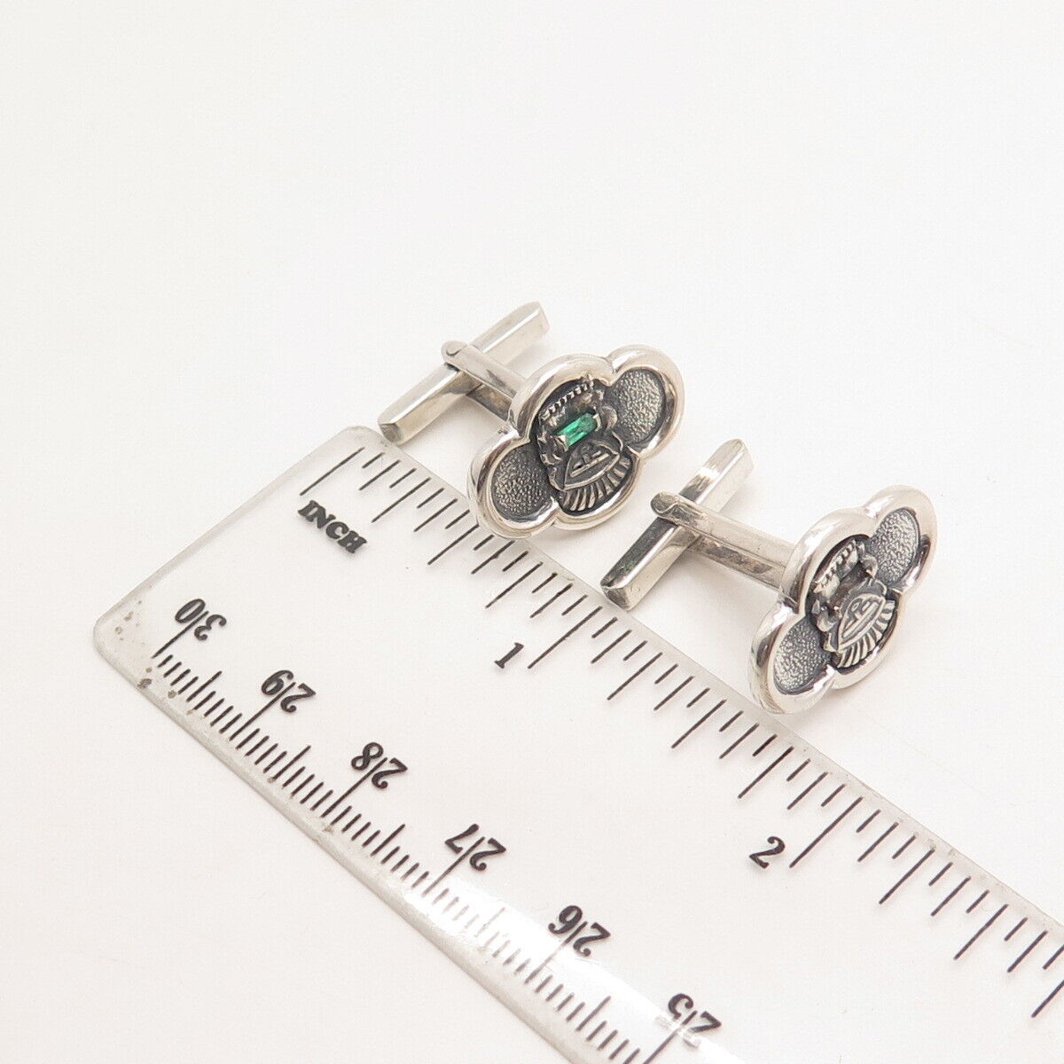 900 Silver Vintage Real Emerald Gem Tribal God Cufflinks