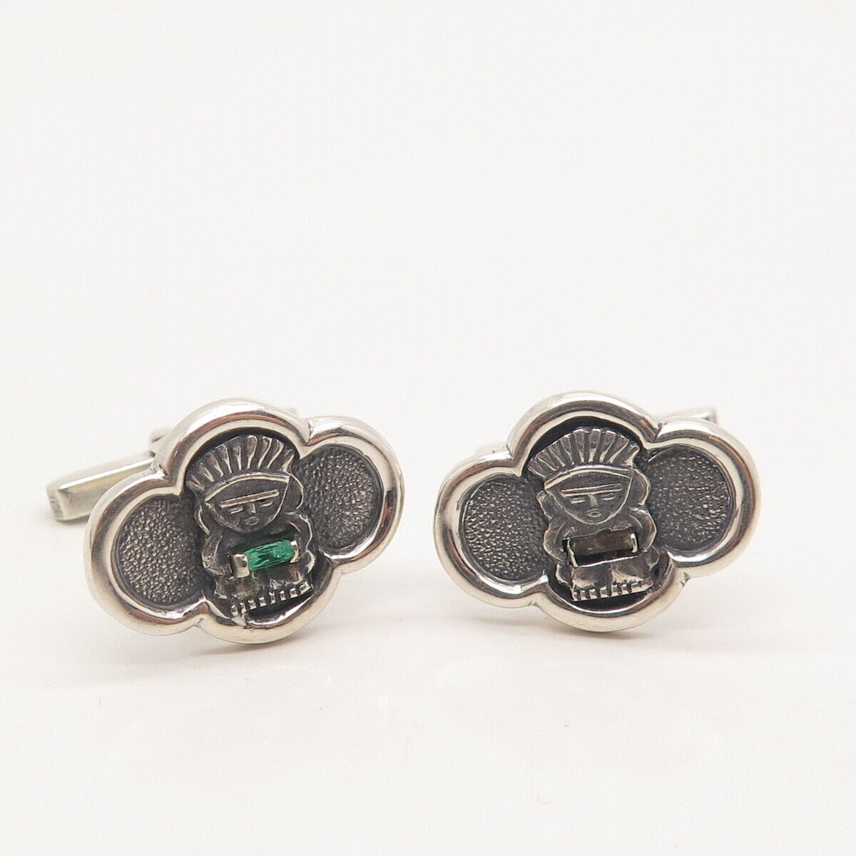 900 Silver Vintage Real Emerald Gem Tribal God Cufflinks