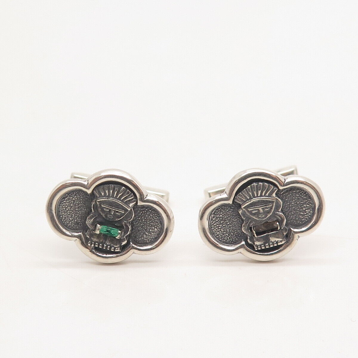 900 Silver Vintage Real Emerald Gem Tribal God Cufflinks