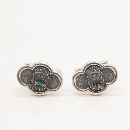 900 Silver Vintage Real Emerald Gem Tribal God Cufflinks