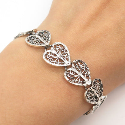 925 Sterling Silver Vintage Ornate Heart Link Bracelet 7.5"