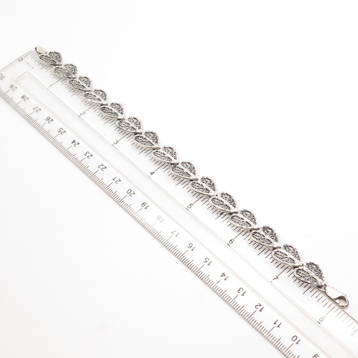925 Sterling Silver Vintage Ornate Heart Link Bracelet 7.5"