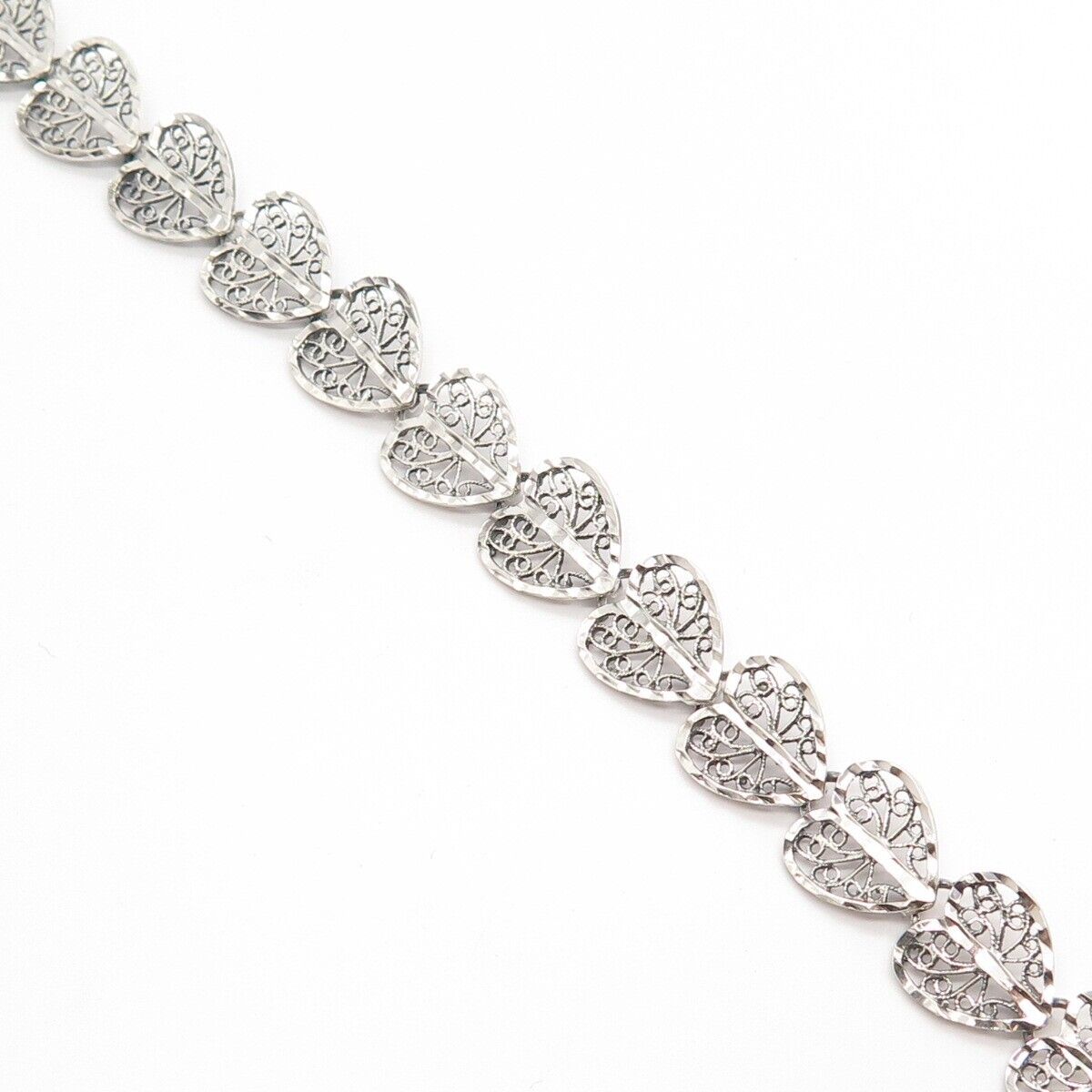 925 Sterling Silver Vintage Ornate Heart Link Bracelet 7.5"