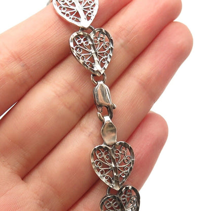 925 Sterling Silver Vintage Ornate Heart Link Bracelet 7.5"