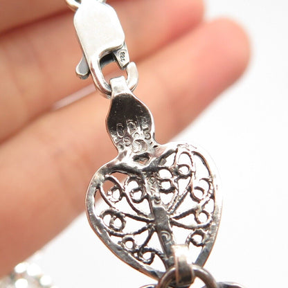 925 Sterling Silver Vintage Ornate Heart Link Bracelet 7.5"