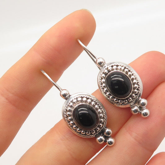 925 Sterling Silver Vintage Sunstone Imports Black Onyx Gem Beaded Earrings