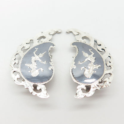 925 Sterling Silver Vintage SIAM Niello Hindu Goddess Clip On Earrings