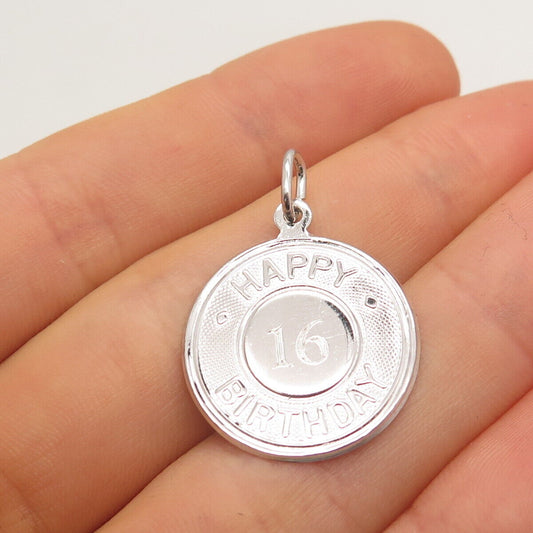 925 Sterling Silver Vintage Forstner "16" Happy Birthday Round Pendant