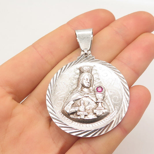 925 Sterling Silver Vintage Real Pink Sapphire Gem Religious Theme Pendant