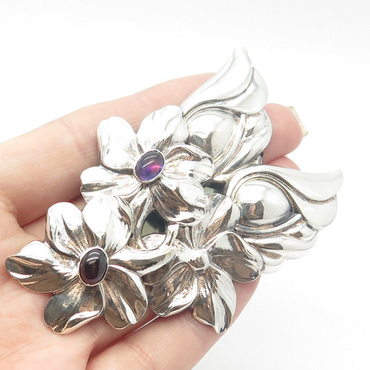 925 Sterling Silver Vintage Tulla Booth Amethyst Gem Floral Pin Brooch