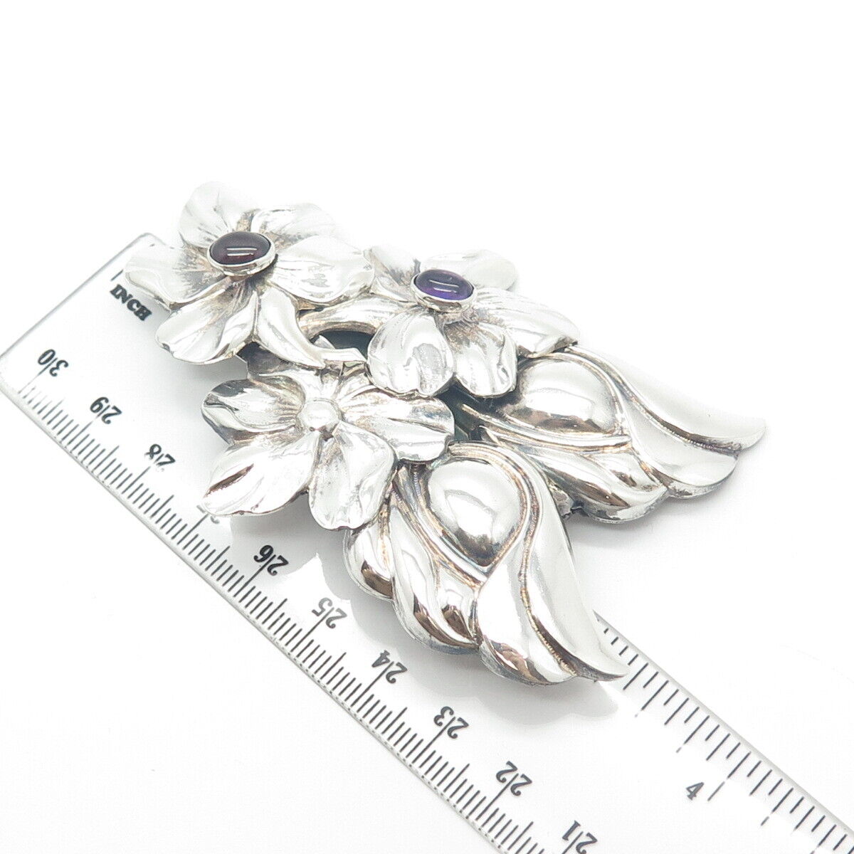 925 Sterling Silver Vintage Tulla Booth Amethyst Gem Floral Pin Brooch