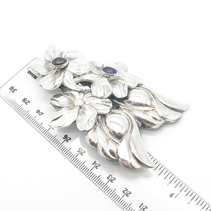 925 Sterling Silver Vintage Tulla Booth Amethyst Gem Floral Pin Brooch