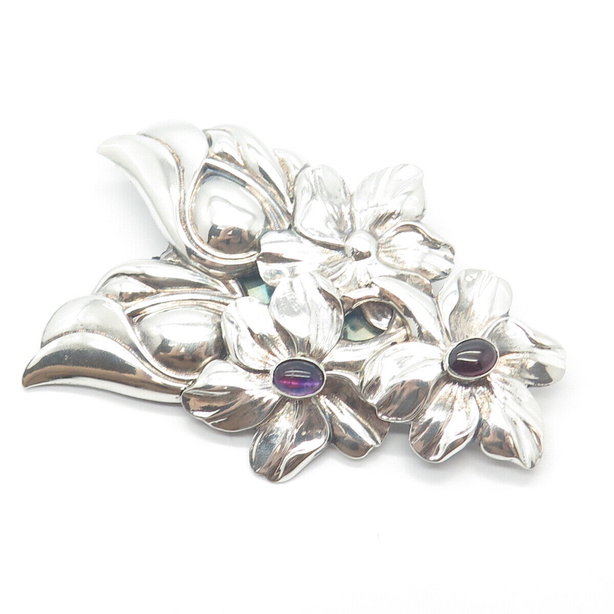 925 Sterling Silver Vintage Tulla Booth Amethyst Gem Floral Pin Brooch