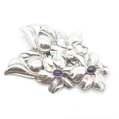 925 Sterling Silver Vintage Tulla Booth Amethyst Gem Floral Pin Brooch