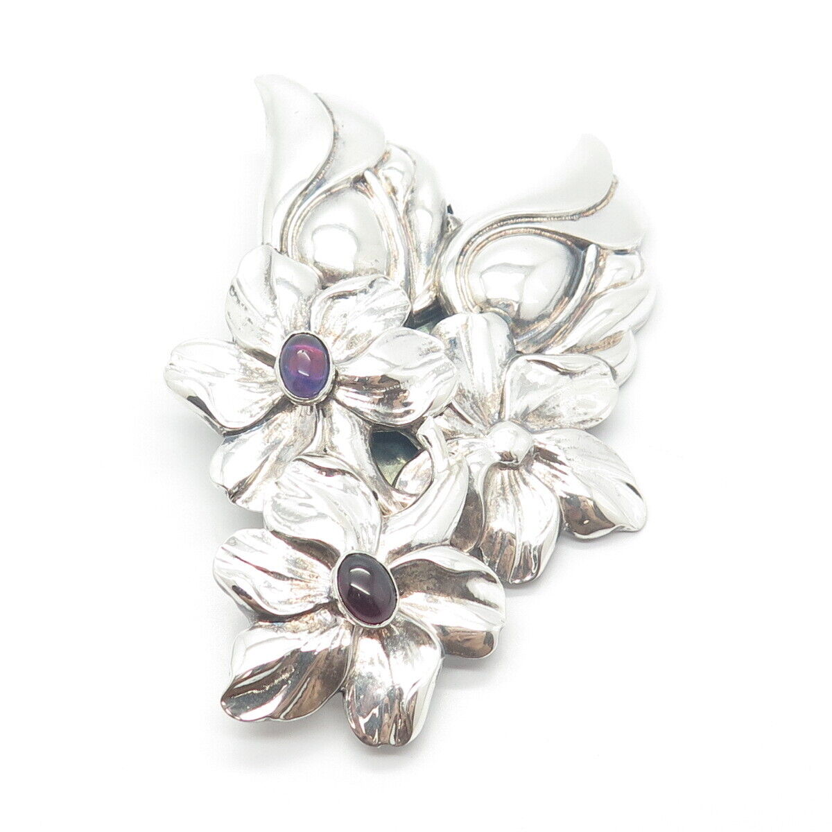 925 Sterling Silver Vintage Tulla Booth Amethyst Gem Floral Pin Brooch