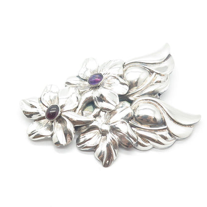 925 Sterling Silver Vintage Tulla Booth Amethyst Gem Floral Pin Brooch