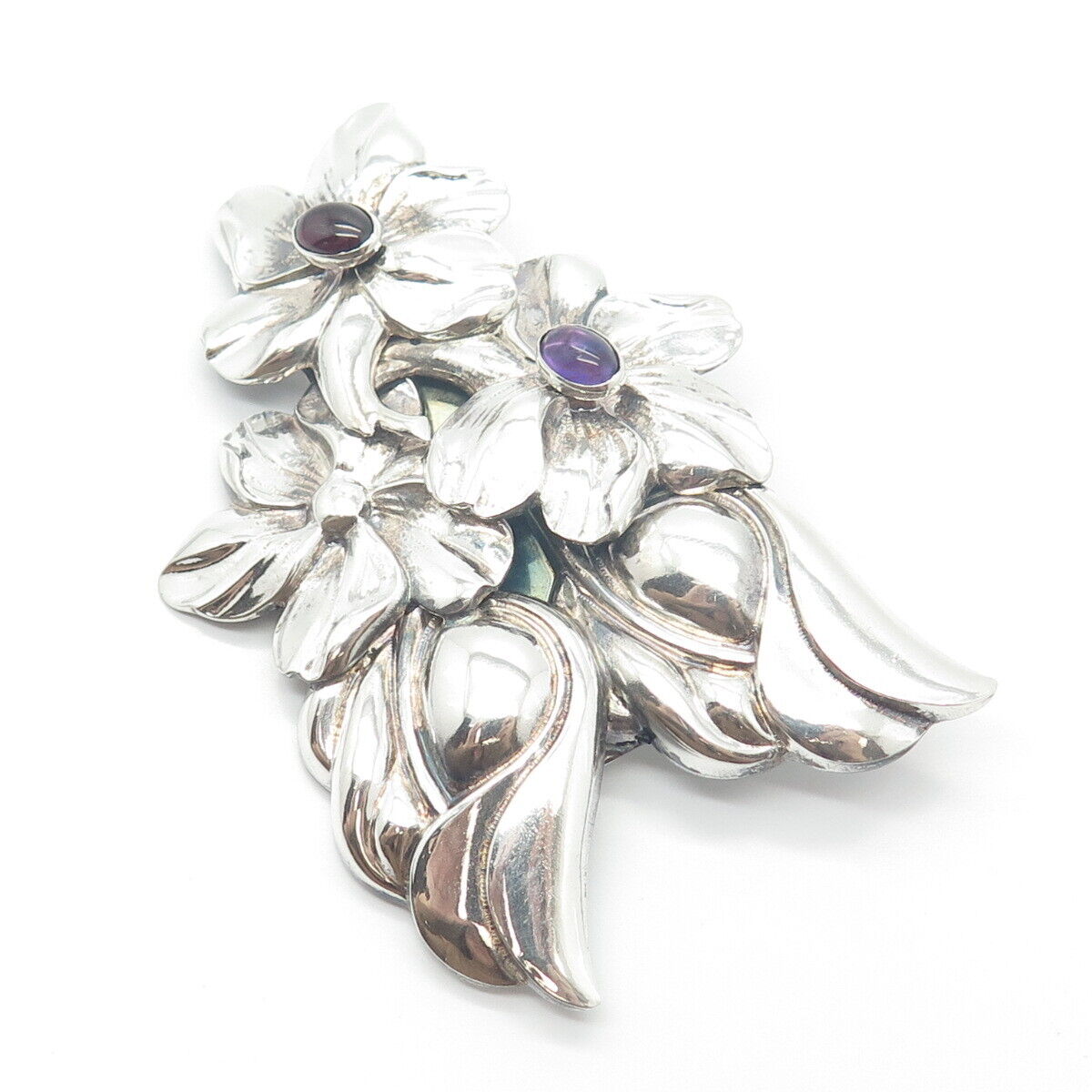 925 Sterling Silver Vintage Tulla Booth Amethyst Gem Floral Pin Brooch