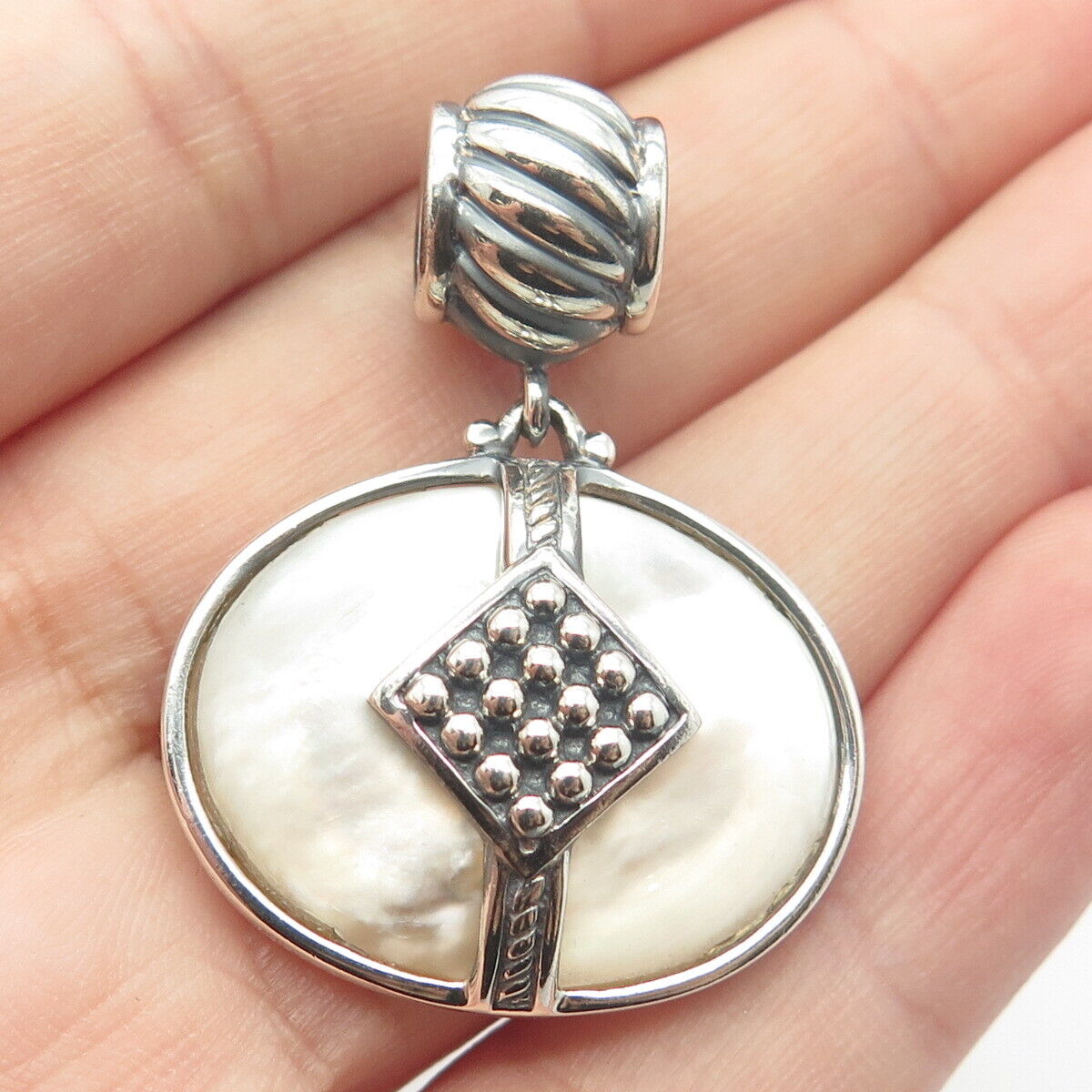 925 Sterling Silver Vintage Real Mother-of-Pearl Dangling Bead Charm