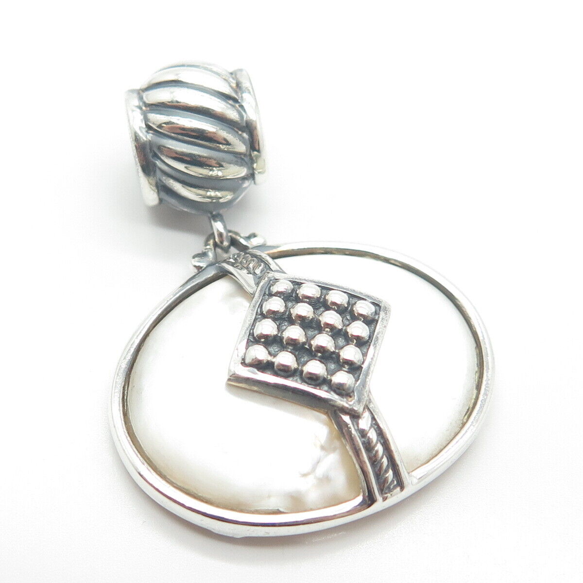 925 Sterling Silver Vintage Real Mother-of-Pearl Dangling Bead Charm