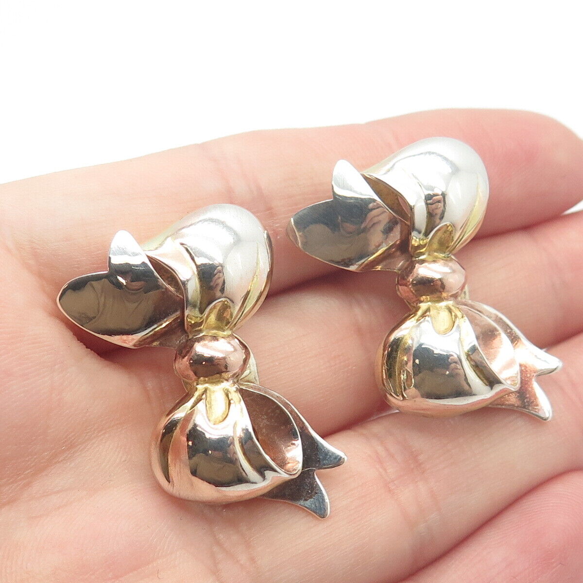 925 Sterling Silver 3-Tone Vintage Monet Bow Clip On Earrings