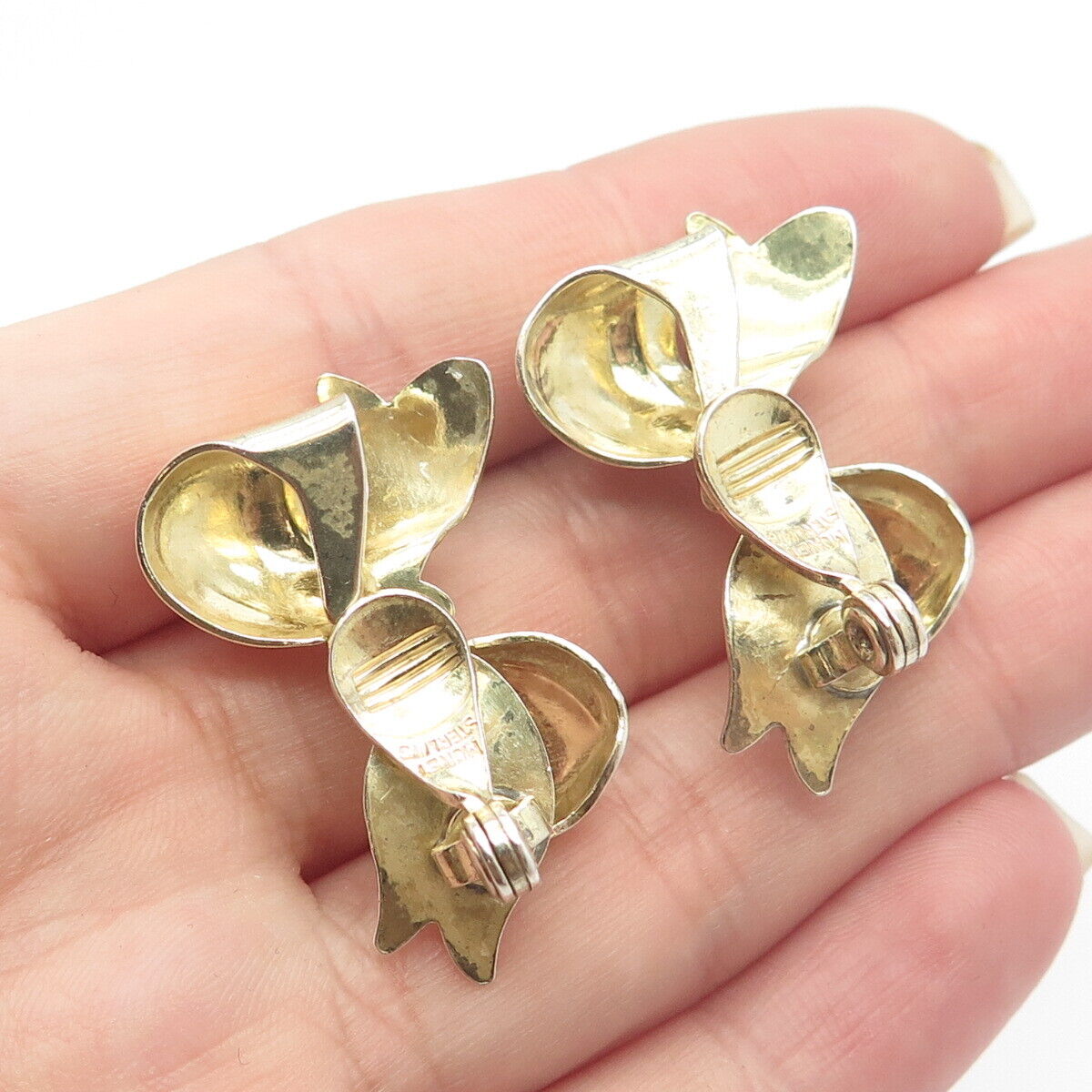 925 Sterling Silver 3-Tone Vintage Monet Bow Clip On Earrings