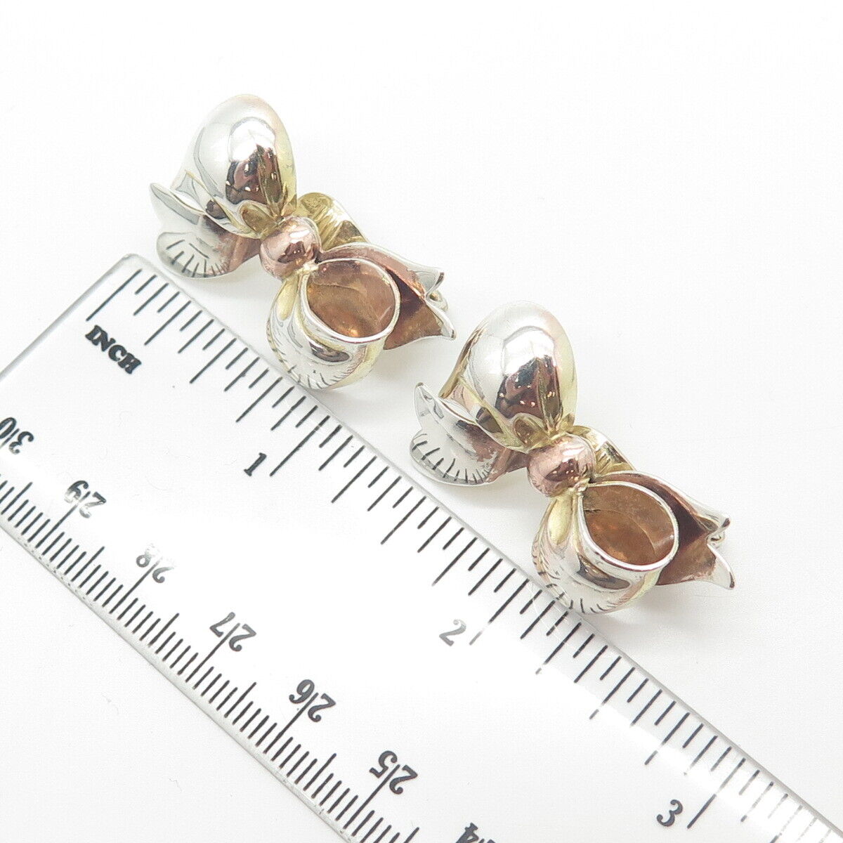 925 Sterling Silver 3-Tone Vintage Monet Bow Clip On Earrings