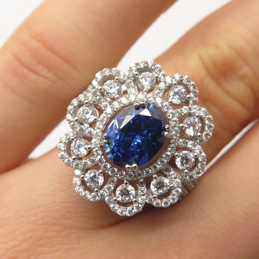 925 Sterling Silver PJC White & Blue C Z Ring Size 8