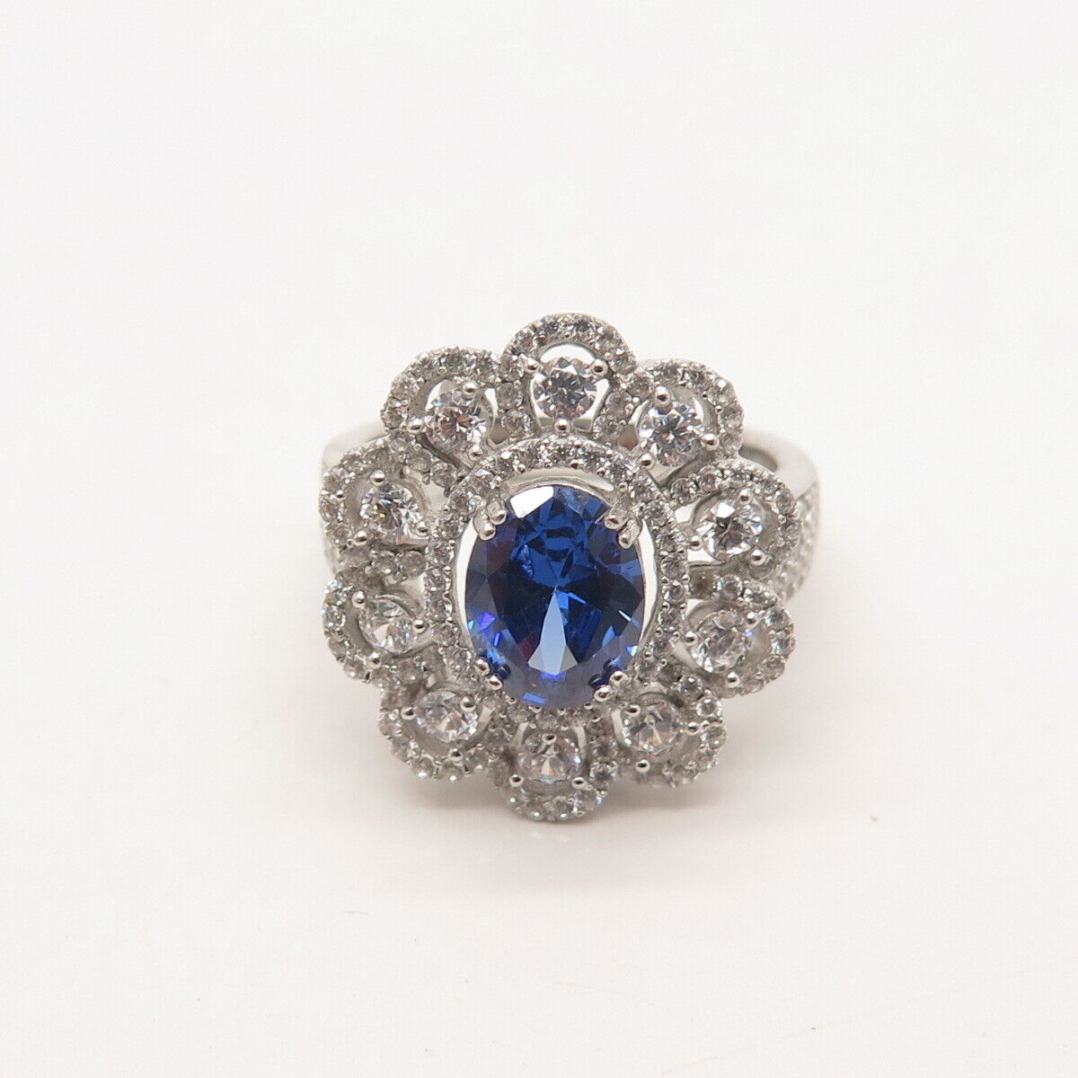 925 Sterling Silver PJC White & Blue C Z Ring Size 8