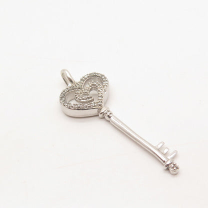 925 Sterling Silver Real White Diamond Key Pendant