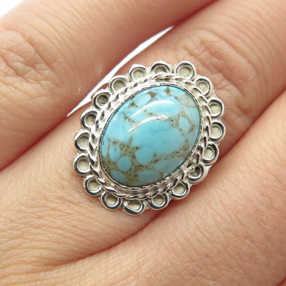 925 Sterling Silver Vintage Mexico Real Turquoise Gem Statement Ring Size 5.5