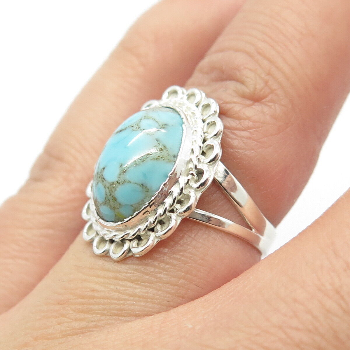 925 Sterling Silver Vintage Mexico Real Turquoise Gem Statement Ring Size 5.5