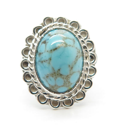 925 Sterling Silver Vintage Mexico Real Turquoise Gem Statement Ring Size 5.5