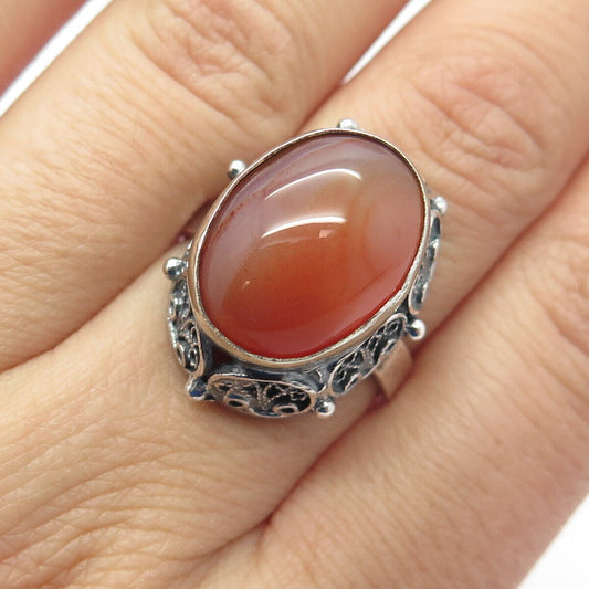 925 Sterling Silver Vintage Israel Real Agate Gemstone Adjustable Ring Size 6.75