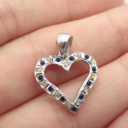 925 Sterling Silver Real Diamond Accent & Blue Glass Open Heart Pendant