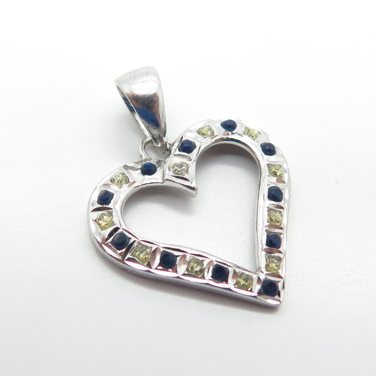 925 Sterling Silver Real Diamond Accent & Blue Glass Open Heart Pendant