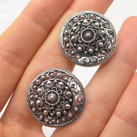 925 Sterling Silver Vintage Topazio Cannetille Round Screw Back Earrings