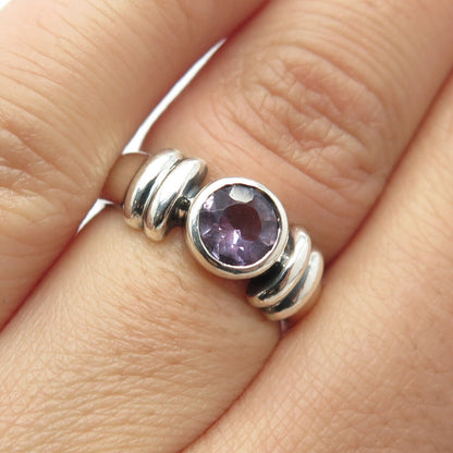 925 Sterling Silver Vintage Real Amethyst Gemstone Ribbed Ring Size 4.75