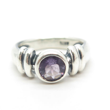 925 Sterling Silver Vintage Real Amethyst Gemstone Ribbed Ring Size 4.75