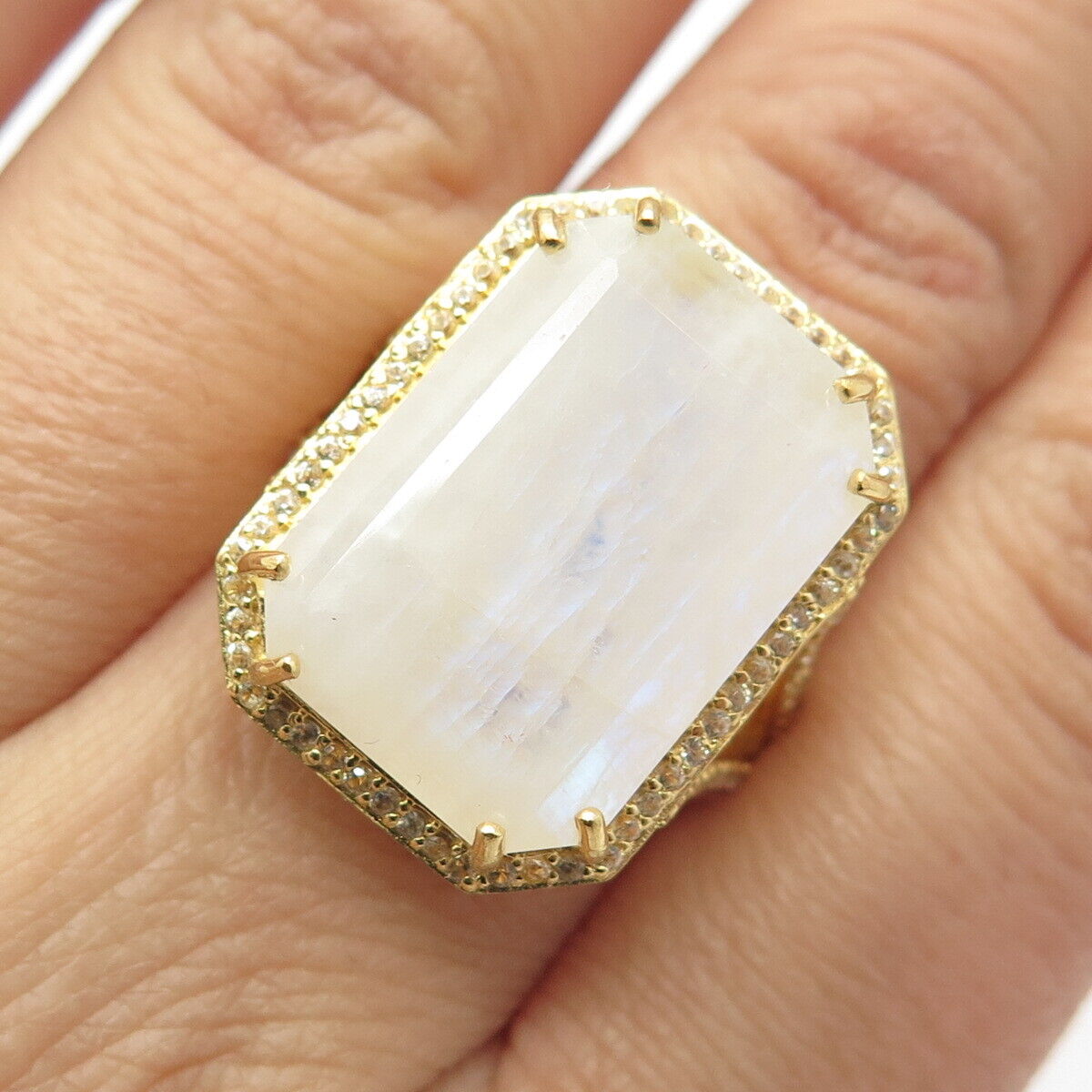 925 Sterling Silver Gold Plated Real Moonstone Gemstone & C Z Ring Size 7