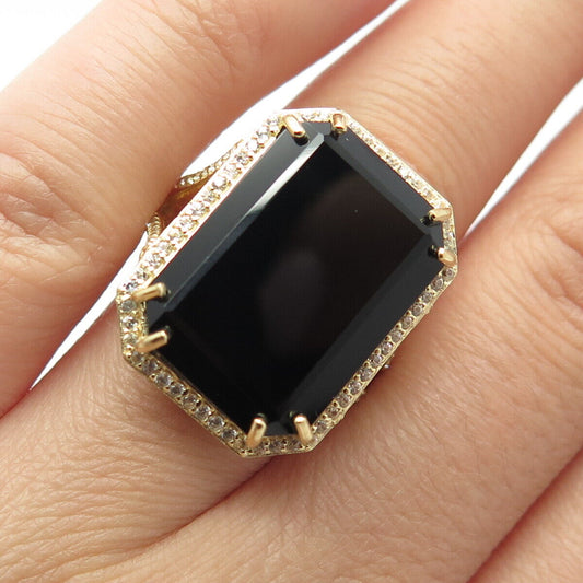 925 Sterling Silver Gold Plated Real Black Spinel Gemstone & C Z Ring Size 7