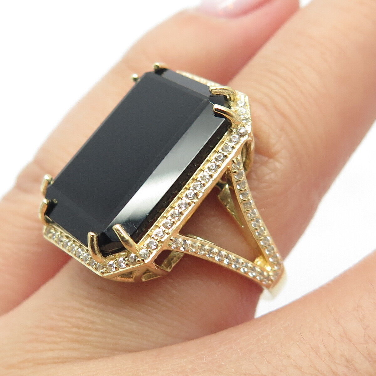 925 Sterling Silver Gold Plated Real Black Spinel Gemstone & C Z Ring Size 7