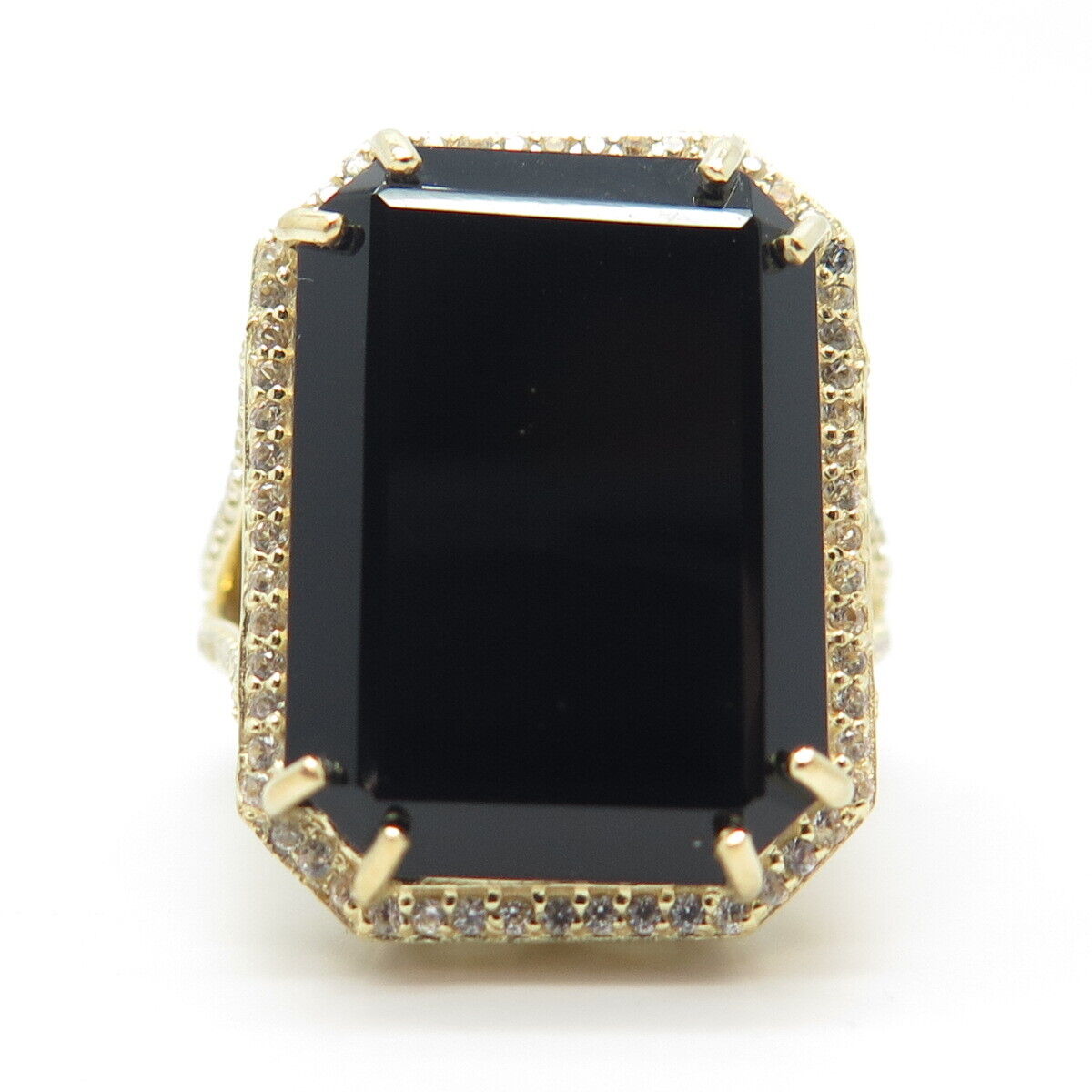 925 Sterling Silver Gold Plated Real Black Spinel Gemstone & C Z Ring Size 7