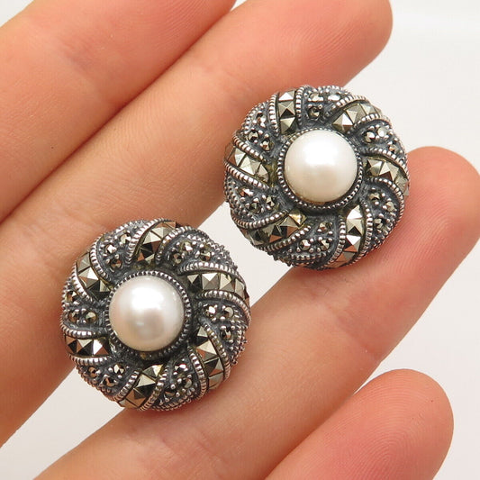 925 Sterling Silver Vintage Judith Jack Real Marcasite Gemstone & Pearl Earrings