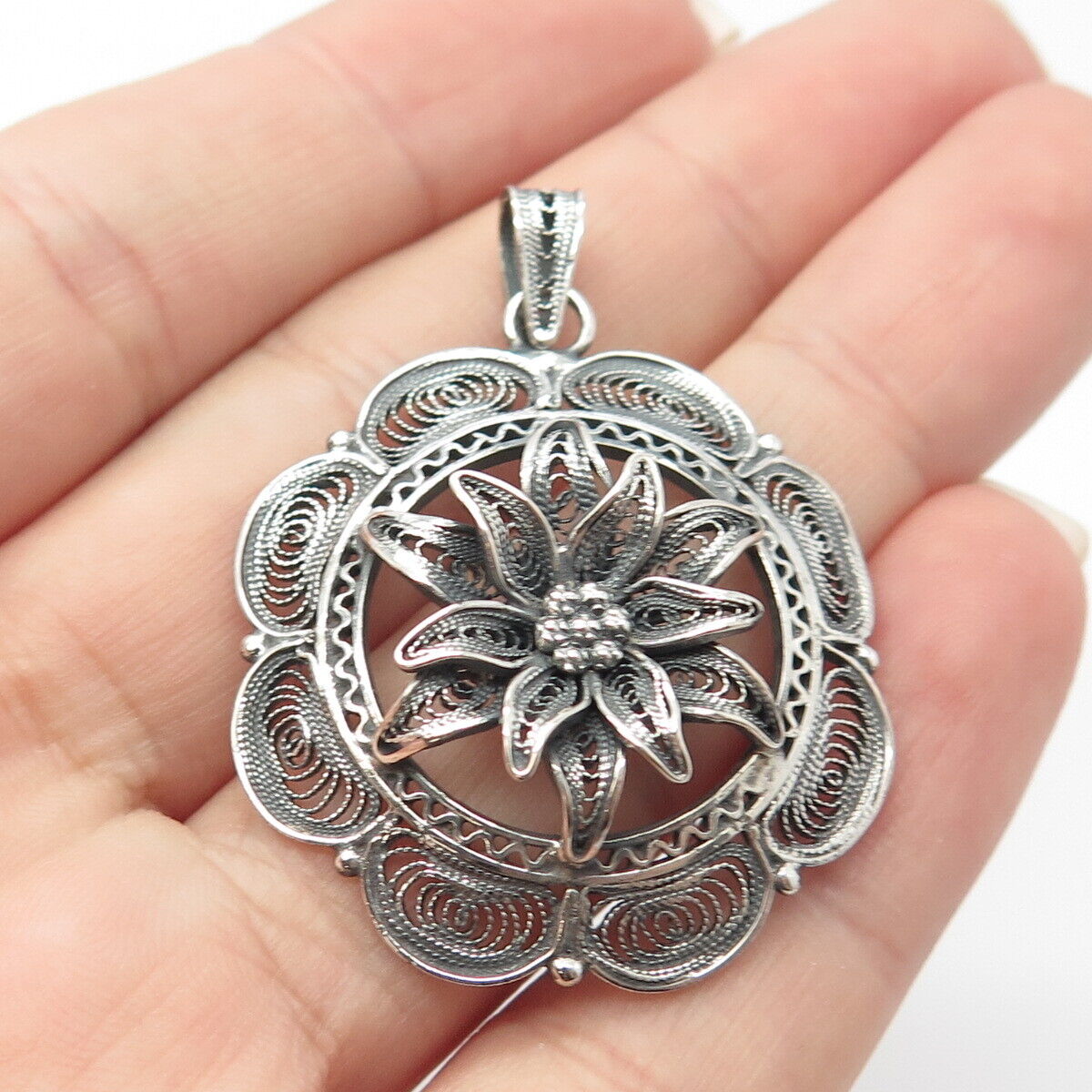 900 Silver Vintage Floral Ornate Pendant