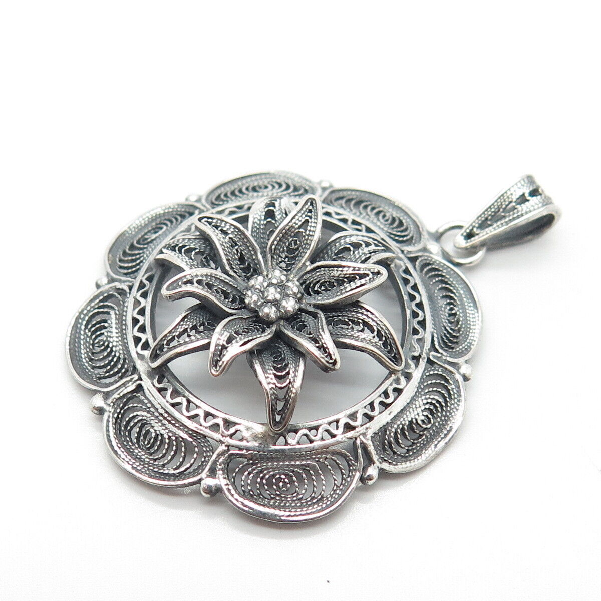 900 Silver Vintage Floral Ornate Pendant